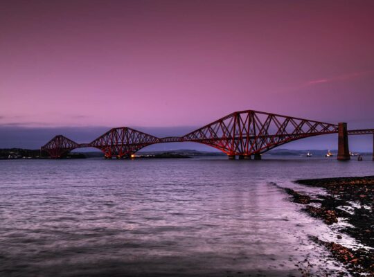 Forth bridge, red bridge on pink background
