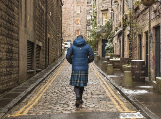 Kilt and down jacket